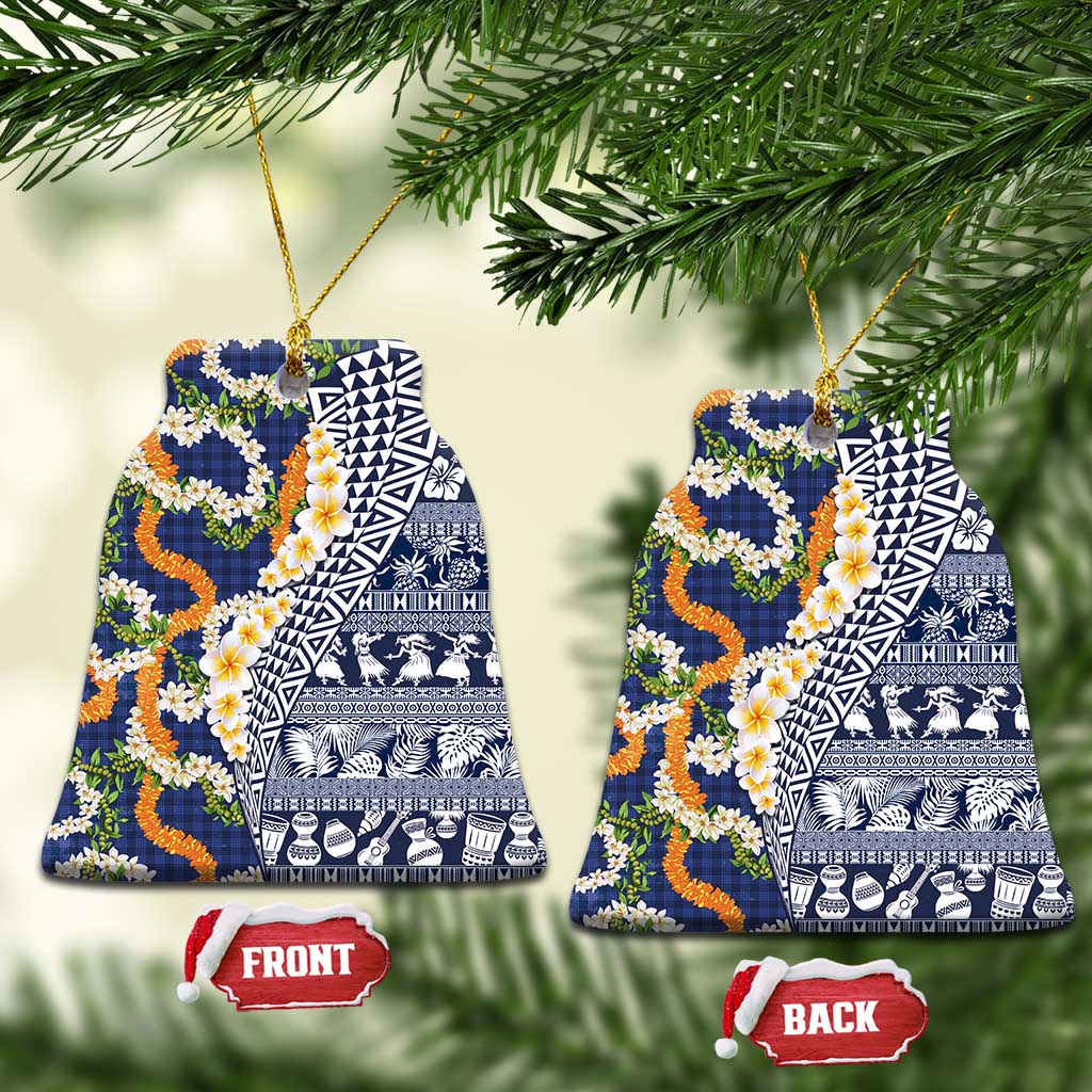 Hawaiian Plumeria Lei Ceramic Ornament Kakau Motifs and Palaka Half Style Blue Color - Polynesian Pride