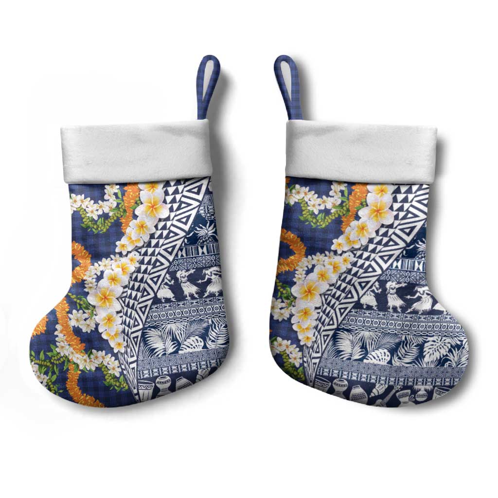 Hawaiian Plumeria Lei Christmas Stocking Kakau Motifs and Palaka Half Style Blue Color - Polynesian Pride