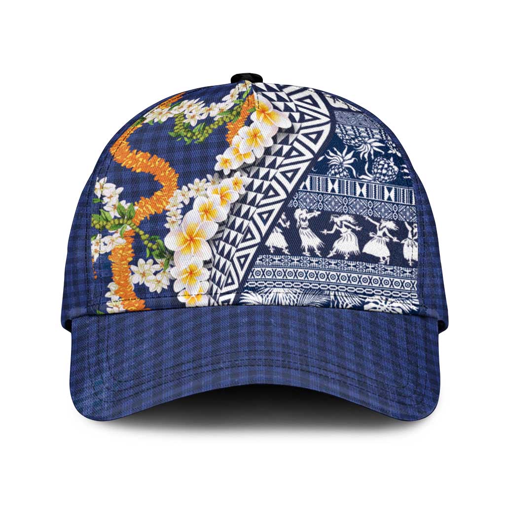Hawaiian Plumeria Lei Classic Cap Kakau Motifs and Palaka Half Style Blue Color - Polynesian Pride