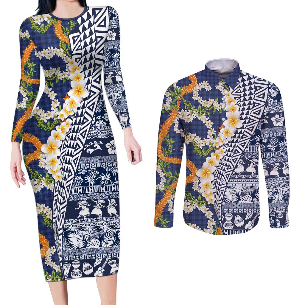 Hawaiian Plumeria Lei Couples Matching Long Sleeve Bodycon Dress and Long Sleeve Button Shirt Kakau Motifs and Palaka Half Style Blue Color - Polynesian Pride
