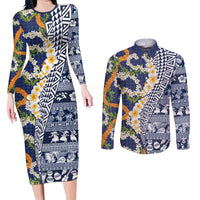 Hawaiian Plumeria Lei Couples Matching Long Sleeve Bodycon Dress and Long Sleeve Button Shirt Kakau Motifs and Palaka Half Style Blue Color - Polynesian Pride