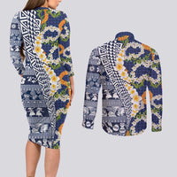 Hawaiian Plumeria Lei Couples Matching Long Sleeve Bodycon Dress and Long Sleeve Button Shirt Kakau Motifs and Palaka Half Style Blue Color - Polynesian Pride