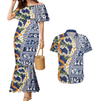 Hawaiian Plumeria Lei Couples Matching Mermaid Dress and Hawaiian Shirt Kakau Motifs and Palaka Half Style Blue Color - Polynesian Pride