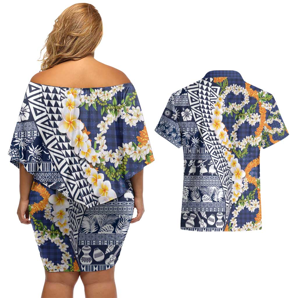 Hawaiian Plumeria Lei Couples Matching Off Shoulder Short Dress and Hawaiian Shirt Kakau Motifs and Palaka Half Style Blue Color - Polynesian Pride