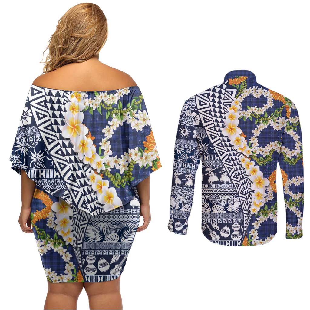 Hawaiian Plumeria Lei Couples Matching Off Shoulder Short Dress and Long Sleeve Button Shirt Kakau Motifs and Palaka Half Style Blue Color - Polynesian Pride