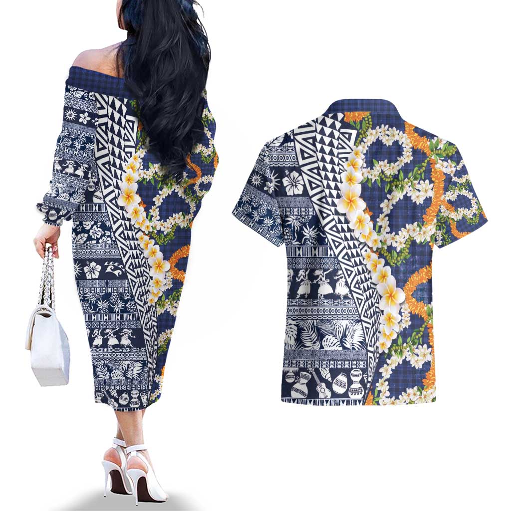 Hawaiian Plumeria Lei Couples Matching Off The Shoulder Long Sleeve Dress and Hawaiian Shirt Kakau Motifs and Palaka Half Style Blue Color - Polynesian Pride