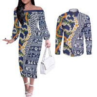 Hawaiian Plumeria Lei Couples Matching Off The Shoulder Long Sleeve Dress and Long Sleeve Button Shirt Kakau Motifs and Palaka Half Style Blue Color - Polynesian Pride