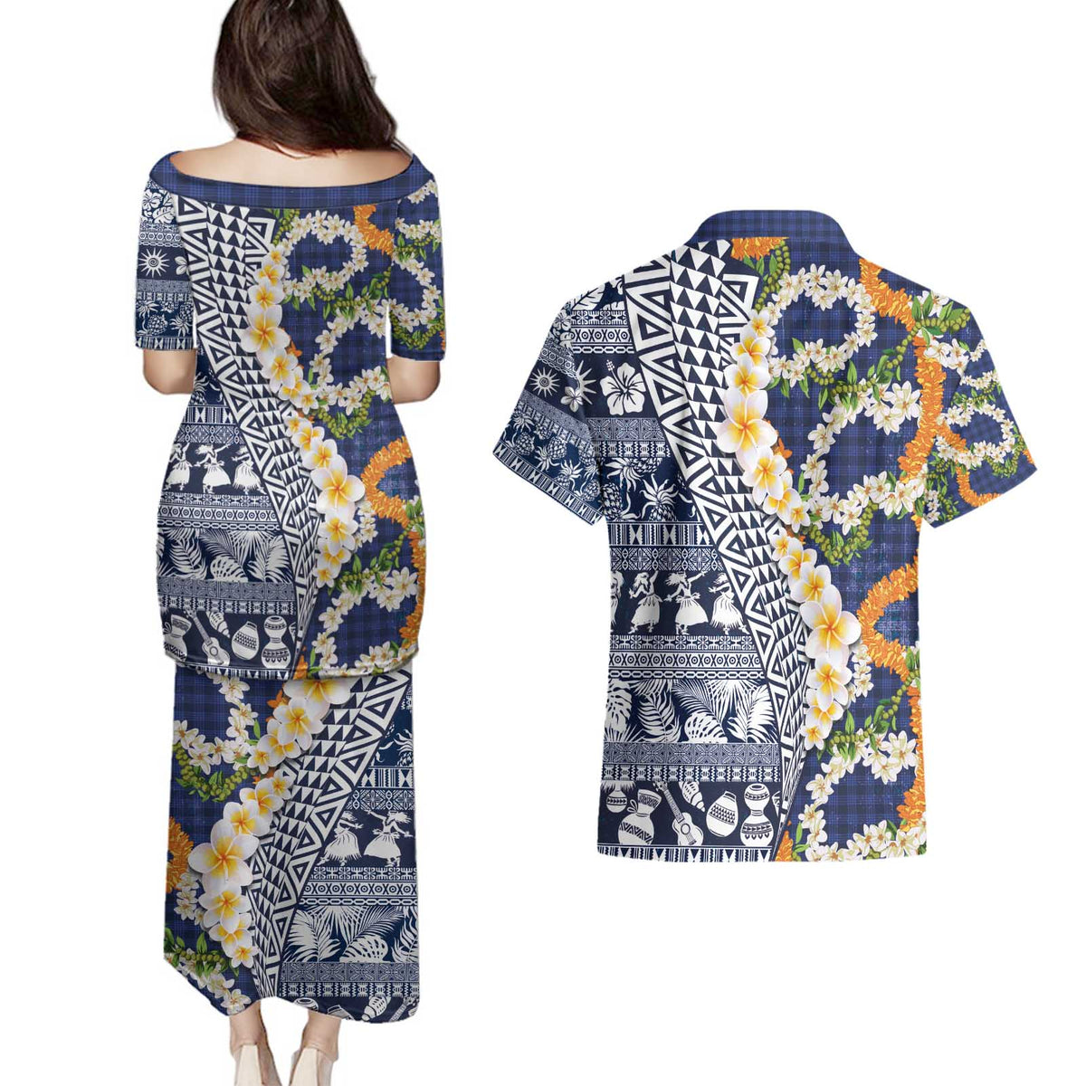 Hawaiian Plumeria Lei Couples Matching Puletasi and Hawaiian Shirt Kakau Motifs and Palaka Half Style Blue Color - Polynesian Pride
