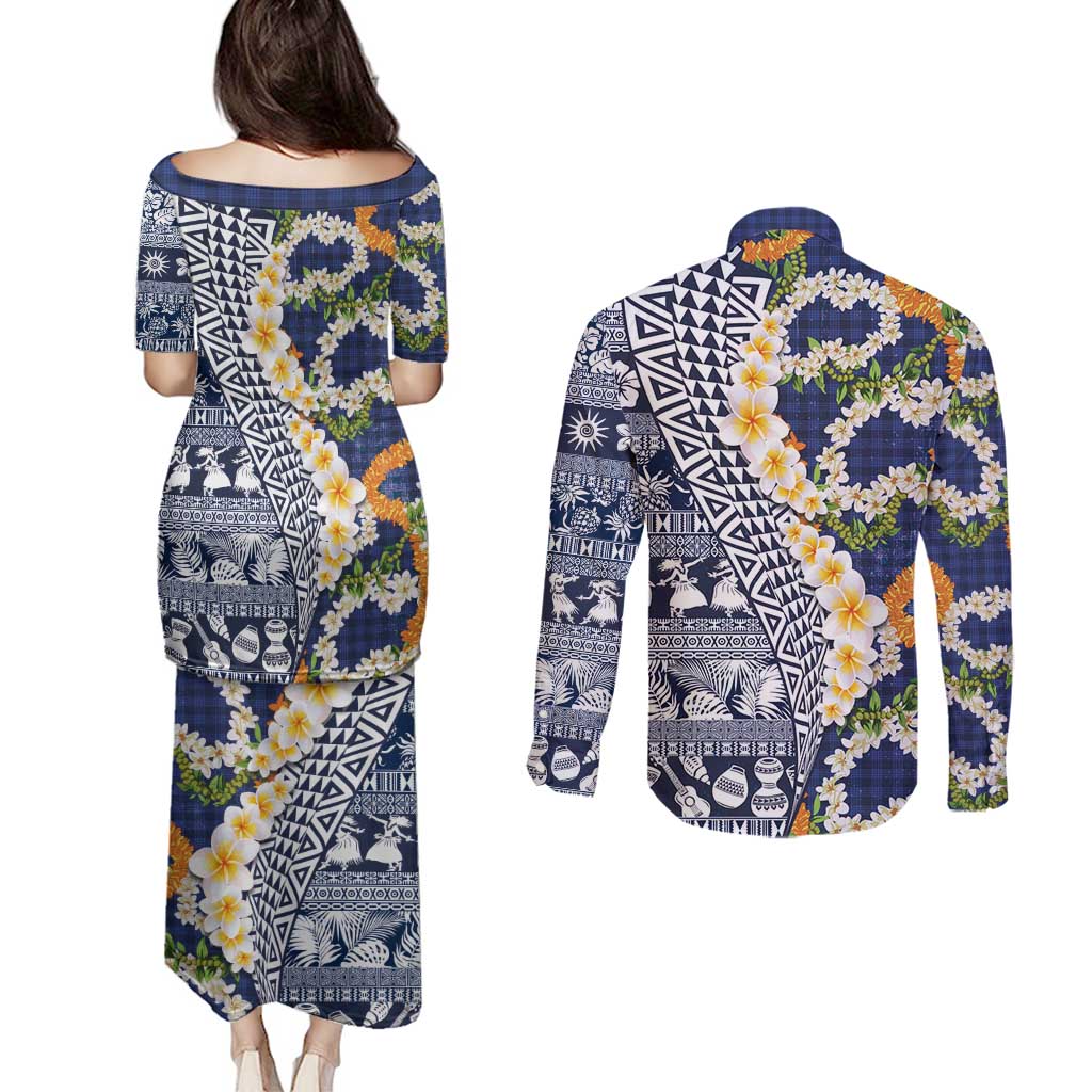 Hawaiian Plumeria Lei Couples Matching Puletasi and Long Sleeve Button Shirt Kakau Motifs and Palaka Half Style Blue Color - Polynesian Pride