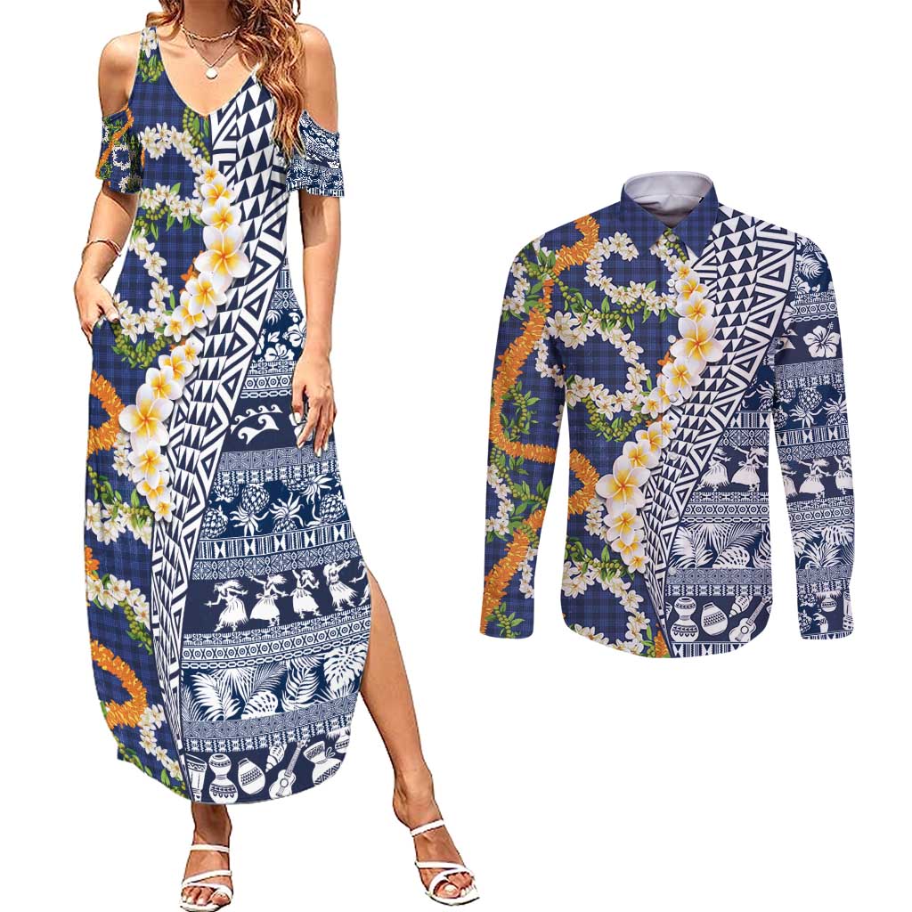 Hawaiian Plumeria Lei Couples Matching Summer Maxi Dress and Long Sleeve Button Shirt Kakau Motifs and Palaka Half Style Blue Color - Polynesian Pride