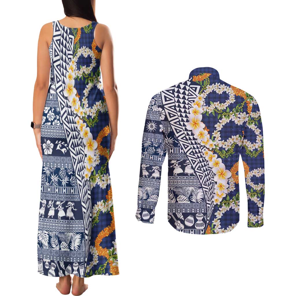 Hawaiian Plumeria Lei Couples Matching Tank Maxi Dress and Long Sleeve Button Shirt Kakau Motifs and Palaka Half Style Blue Color - Polynesian Pride