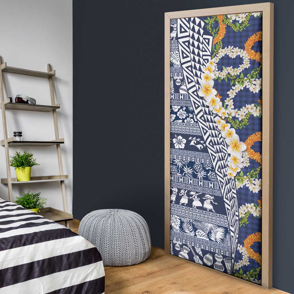 Hawaiian Plumeria Lei Door Cover Kakau Motifs and Palaka Half Style Blue Color - Polynesian Pride