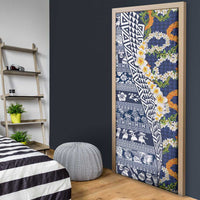 Hawaiian Plumeria Lei Door Cover Kakau Motifs and Palaka Half Style Blue Color - Polynesian Pride