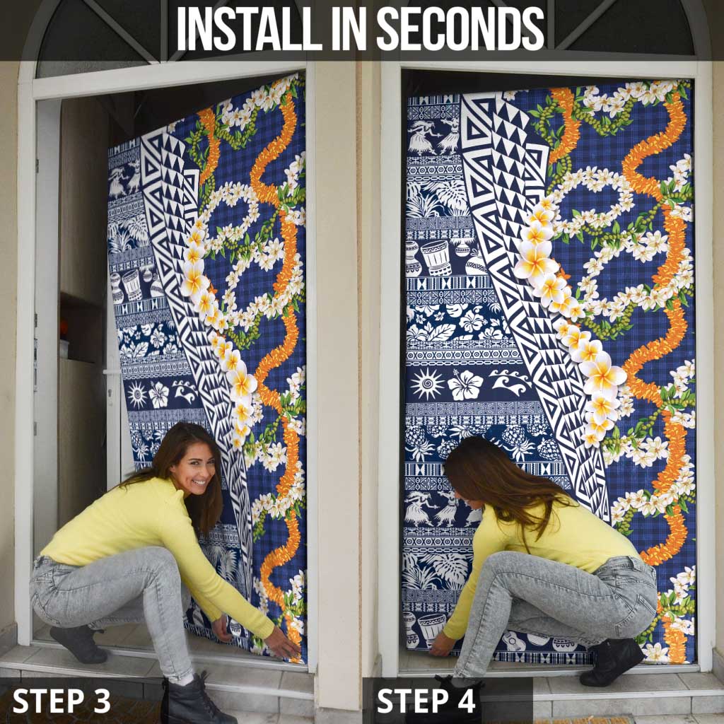 Hawaiian Plumeria Lei Door Cover Kakau Motifs and Palaka Half Style Blue Color - Polynesian Pride