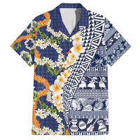 Hawaiian Plumeria Lei Family Matching Long Sleeve Bodycon Dress and Hawaiian Shirt Kakau Motifs and Palaka Half Style Blue Color - Polynesian Pride