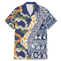 Hawaiian Plumeria Lei Family Matching Mermaid Dress and Hawaiian Shirt Kakau Motifs and Palaka Half Style Blue Color - Polynesian Pride