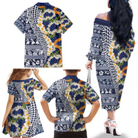 Hawaiian Plumeria Lei Family Matching Off The Shoulder Long Sleeve Dress and Hawaiian Shirt Kakau Motifs and Palaka Half Style Blue Color - Polynesian Pride