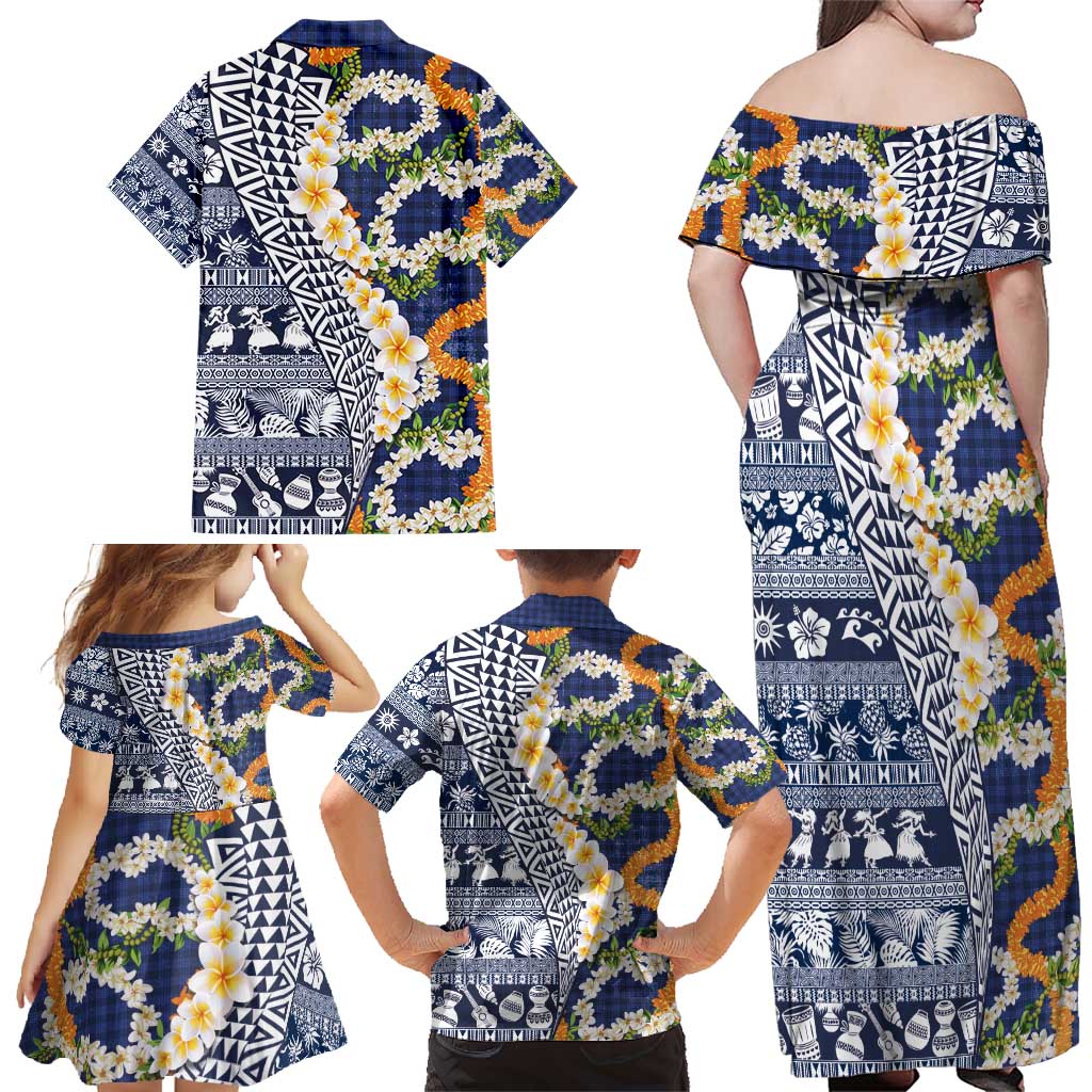 Hawaiian Plumeria Lei Family Matching Off Shoulder Maxi Dress and Hawaiian Shirt Kakau Motifs and Palaka Half Style Blue Color - Polynesian Pride