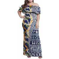 Hawaiian Plumeria Lei Family Matching Off Shoulder Maxi Dress and Hawaiian Shirt Kakau Motifs and Palaka Half Style Blue Color - Polynesian Pride