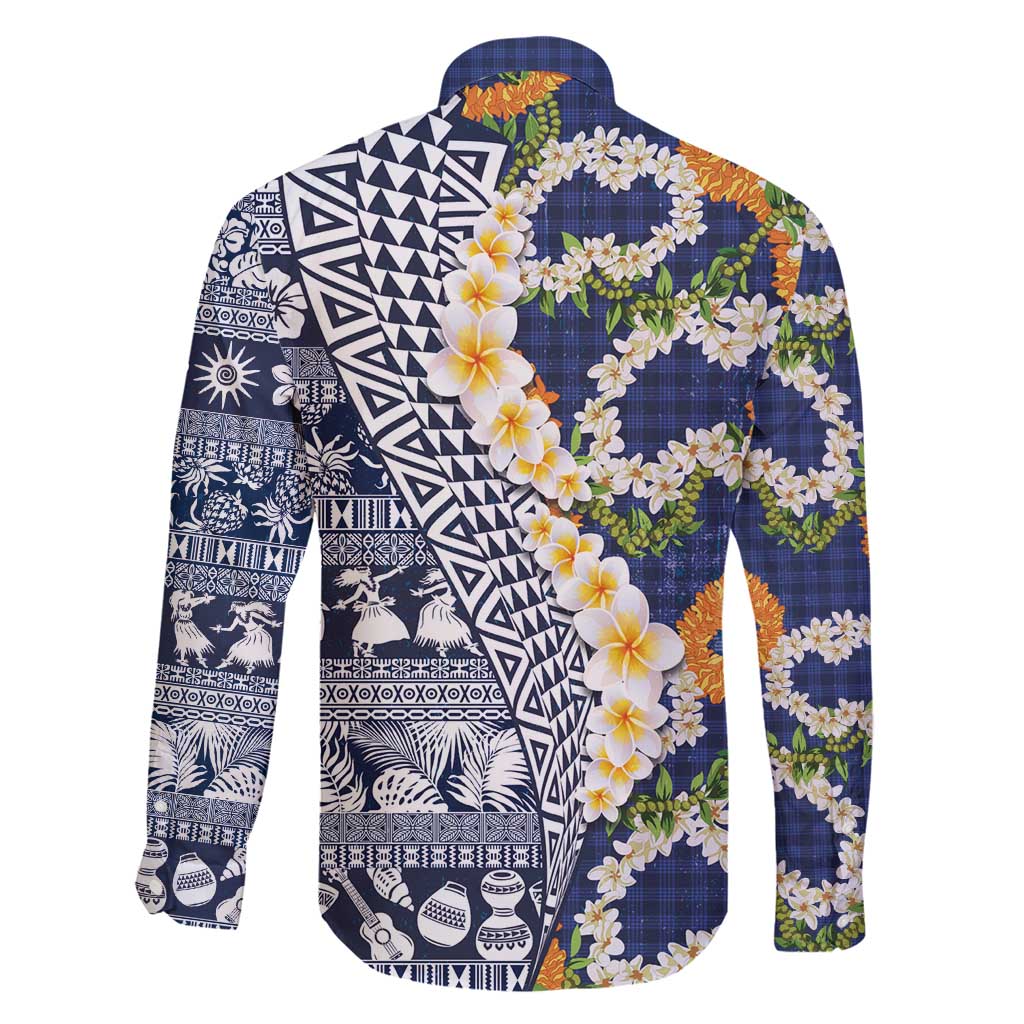 Hawaiian Plumeria Lei Family Matching Off Shoulder Short Dress and Hawaiian Shirt Kakau Motifs and Palaka Half Style Blue Color - Polynesian Pride