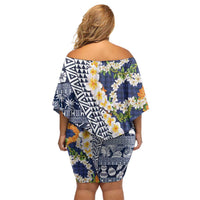 Hawaiian Plumeria Lei Family Matching Off Shoulder Short Dress and Hawaiian Shirt Kakau Motifs and Palaka Half Style Blue Color - Polynesian Pride