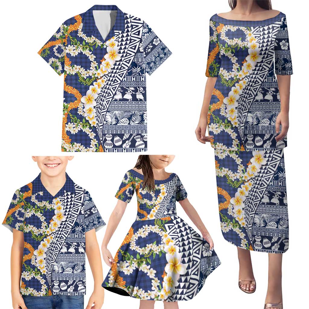 Hawaiian Plumeria Lei Family Matching Puletasi and Hawaiian Shirt Kakau Motifs and Palaka Half Style Blue Color - Polynesian Pride