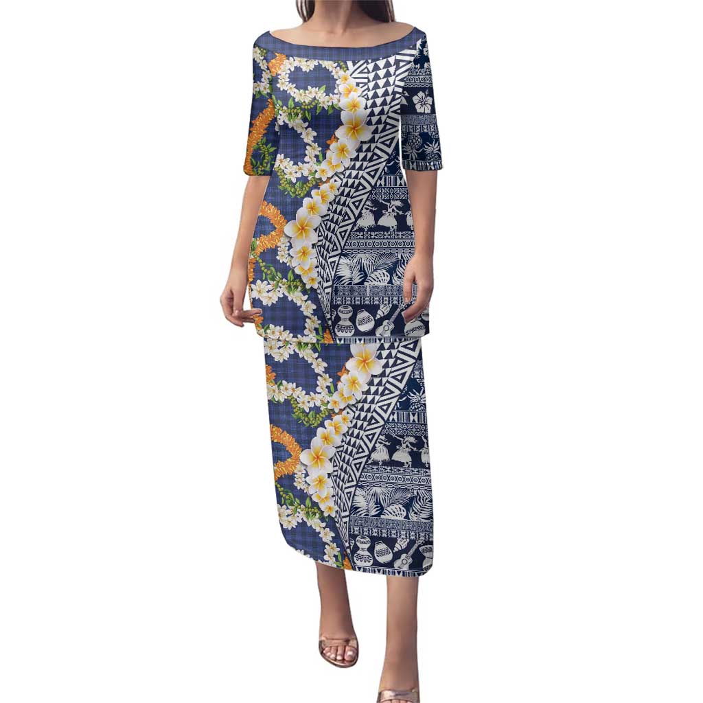 Hawaiian Plumeria Lei Family Matching Puletasi and Hawaiian Shirt Kakau Motifs and Palaka Half Style Blue Color - Polynesian Pride