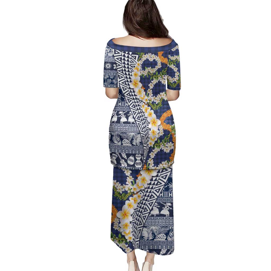 Hawaiian Plumeria Lei Family Matching Puletasi and Hawaiian Shirt Kakau Motifs and Palaka Half Style Blue Color - Polynesian Pride