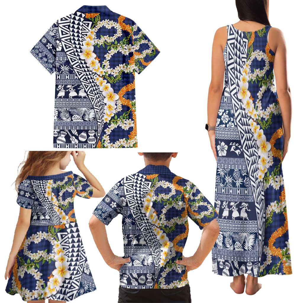 Hawaiian Plumeria Lei Family Matching Tank Maxi Dress and Hawaiian Shirt Kakau Motifs and Palaka Half Style Blue Color - Polynesian Pride