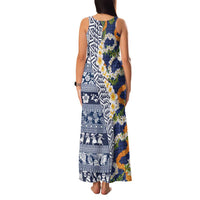 Hawaiian Plumeria Lei Family Matching Tank Maxi Dress and Hawaiian Shirt Kakau Motifs and Palaka Half Style Blue Color - Polynesian Pride