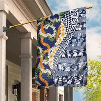Hawaiian Plumeria Lei Garden Flag Kakau Motifs and Palaka Half Style Blue Color - Polynesian Pride