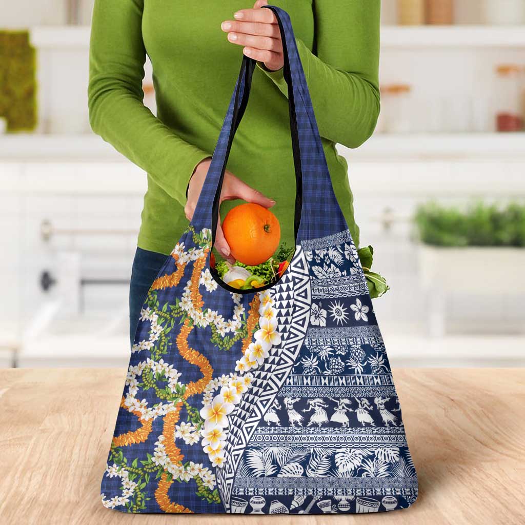 Hawaiian Plumeria Lei Grocery Bag Kakau Motifs and Palaka Half Style Blue Color - Polynesian Pride