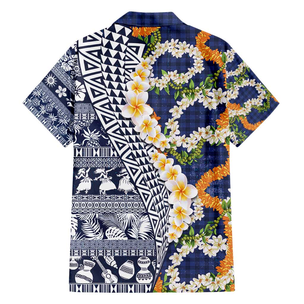 Hawaiian Plumeria Lei Hawaiian Shirt Kakau Motifs and Palaka Half Style Blue Color - Polynesian Pride