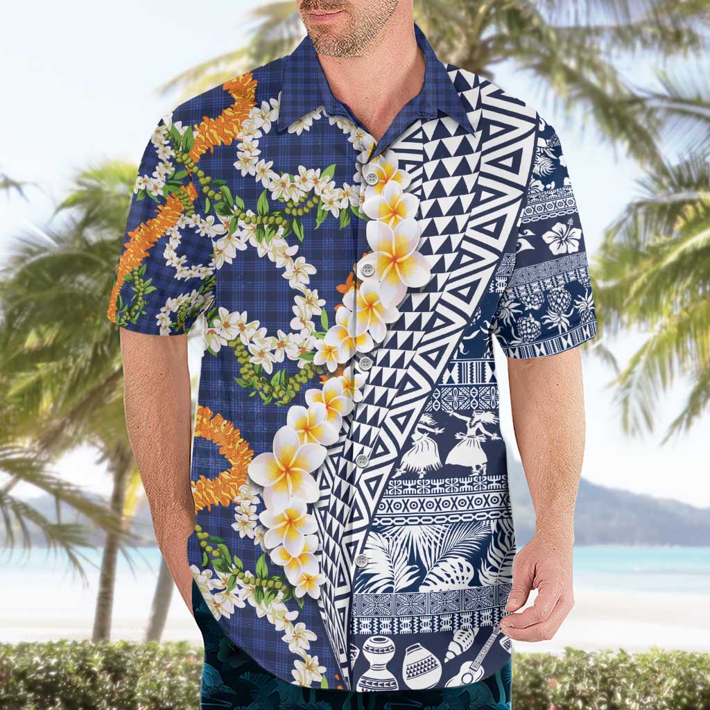 Hawaiian Plumeria Lei Hawaiian Shirt Kakau Motifs and Palaka Half Style Blue Color - Polynesian Pride