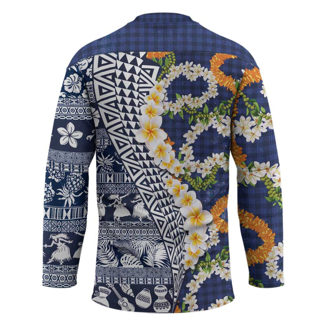 Hawaiian Plumeria Lei Hockey Jersey Kakau Motifs and Palaka Half Style Blue Color - Polynesian Pride