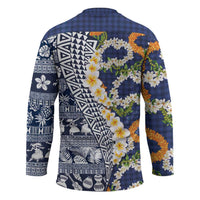 Hawaiian Plumeria Lei Hockey Jersey Kakau Motifs and Palaka Half Style Blue Color - Polynesian Pride