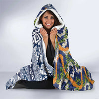 Hawaiian Plumeria Lei Hooded Blanket Kakau Motifs and Palaka Half Style Blue Color - Polynesian Pride