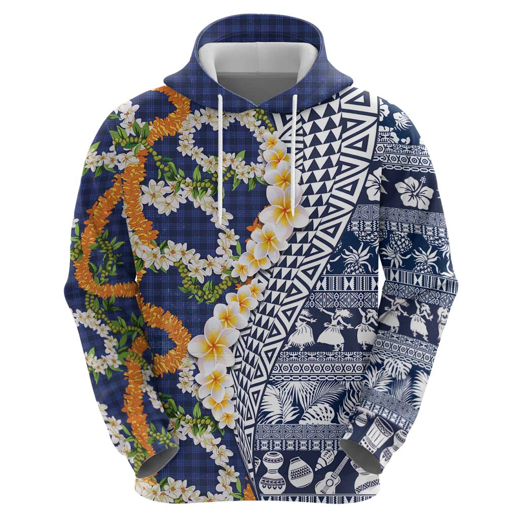 Hawaiian Plumeria Lei Hoodie Kakau Motifs and Palaka Half Style Blue Color - Polynesian Pride