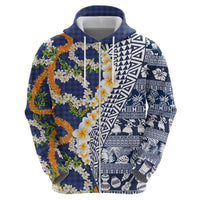 Hawaiian Plumeria Lei Hoodie Kakau Motifs and Palaka Half Style Blue Color - Polynesian Pride