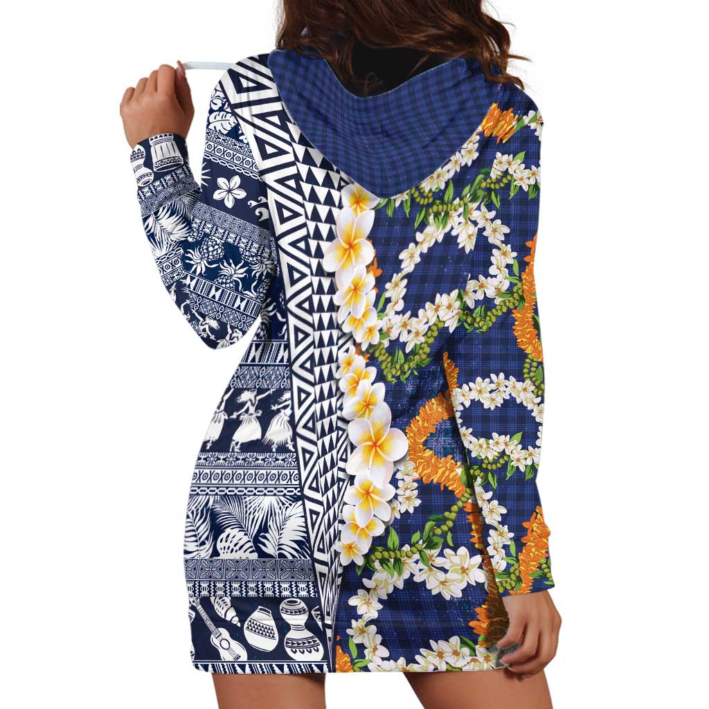 Hawaiian Plumeria Lei Hoodie Dress Kakau Motifs and Palaka Half Style Blue Color - Polynesian Pride