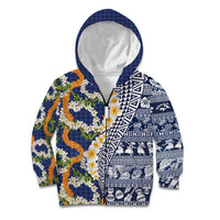 Hawaiian Plumeria Lei Kid Hoodie Kakau Motifs and Palaka Half Style Blue Color - Polynesian Pride