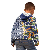 Hawaiian Plumeria Lei Kid Hoodie Kakau Motifs and Palaka Half Style Blue Color - Polynesian Pride