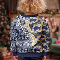 Hawaiian Plumeria Lei Kid Ugly Christmas Sweater Kakau Motifs and Palaka Half Style Blue Color - Polynesian Pride