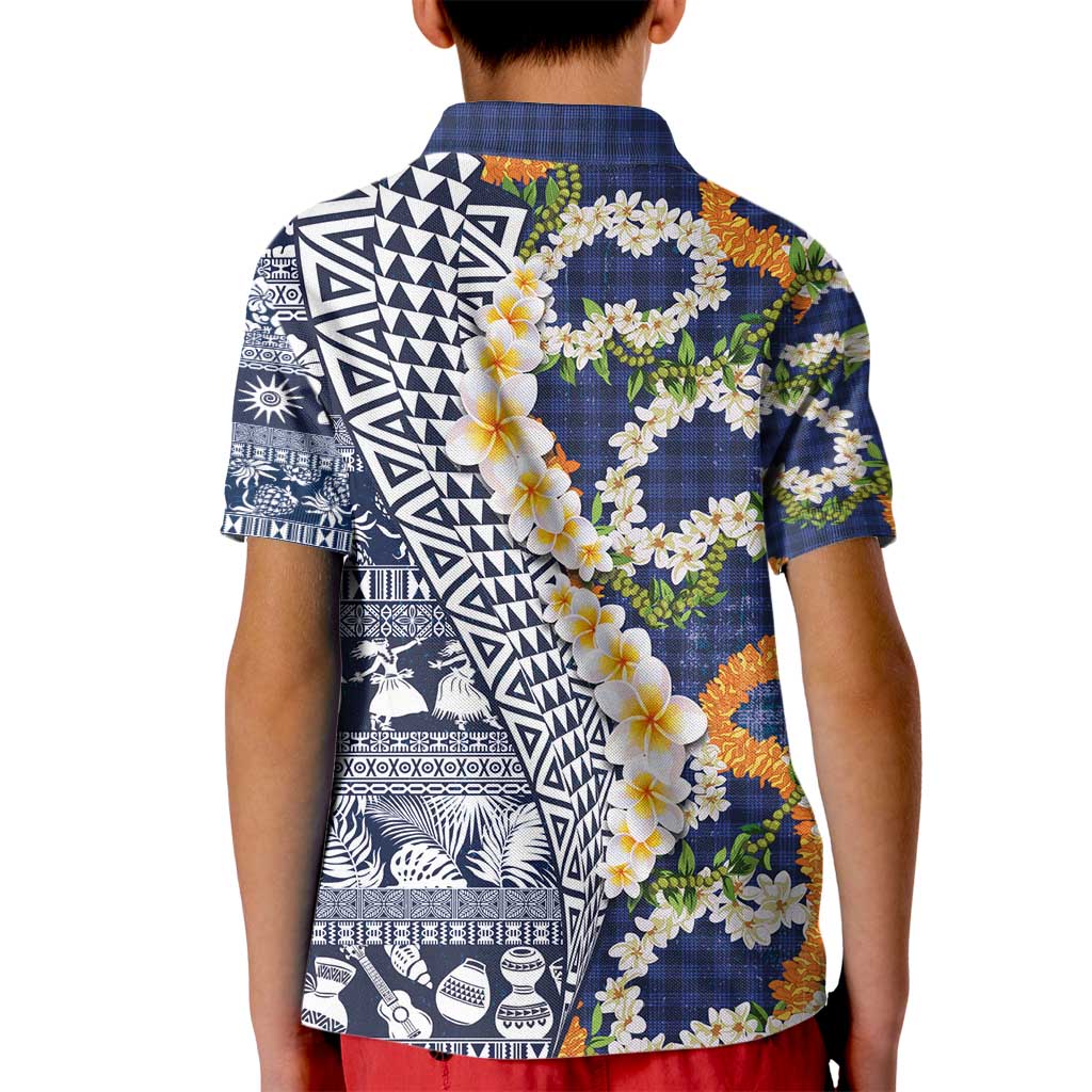 Hawaiian Plumeria Lei Kid Polo Shirt Kakau Motifs and Palaka Half Style Blue Color - Polynesian Pride