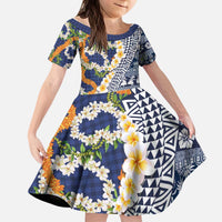 Hawaiian Plumeria Lei Kid Short Sleeve Dress Kakau Motifs and Palaka Half Style Blue Color - Polynesian Pride