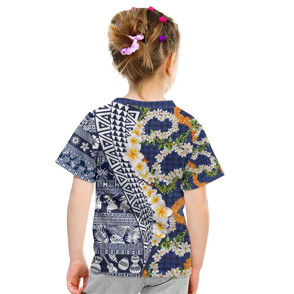 Hawaiian Plumeria Lei Kid T Shirt Kakau Motifs and Palaka Half Style Blue Color - Polynesian Pride