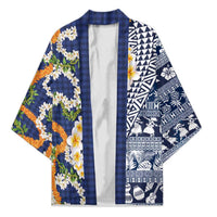 Hawaiian Plumeria Lei Kimono Kakau Motifs and Palaka Half Style Blue Color - Polynesian Pride