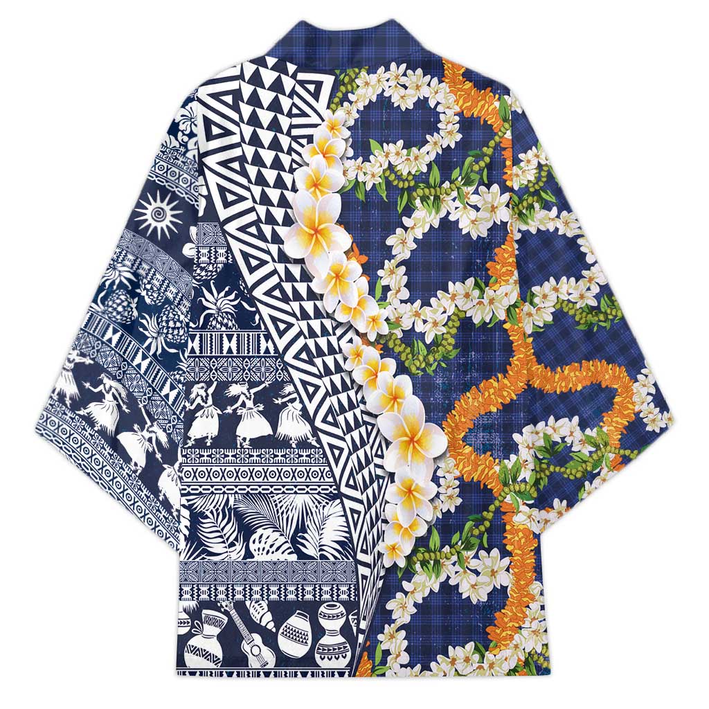 Hawaiian Plumeria Lei Kimono Kakau Motifs and Palaka Half Style Blue Color - Polynesian Pride