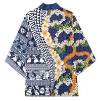 Hawaiian Plumeria Lei Kimono Kakau Motifs and Palaka Half Style Blue Color - Polynesian Pride
