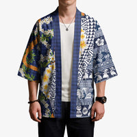 Hawaiian Plumeria Lei Kimono Kakau Motifs and Palaka Half Style Blue Color - Polynesian Pride